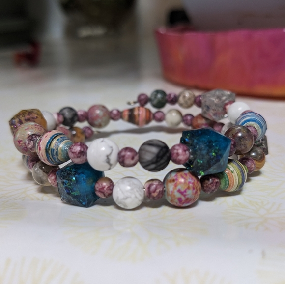 Jasper Energy Bracelet Handmade Colorful Cute Rainbow Upcycled Paper Beads - Picture 10 of 13